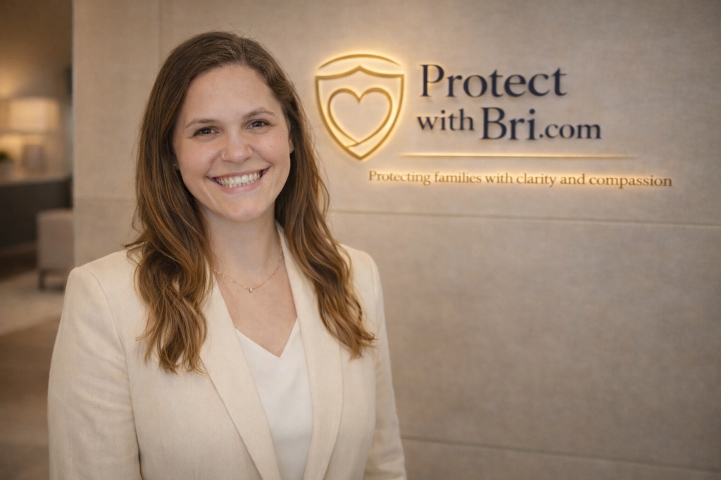 Brianna Willis, Insurance Advisor, standing in front of the ProtectWithBri.com office logo