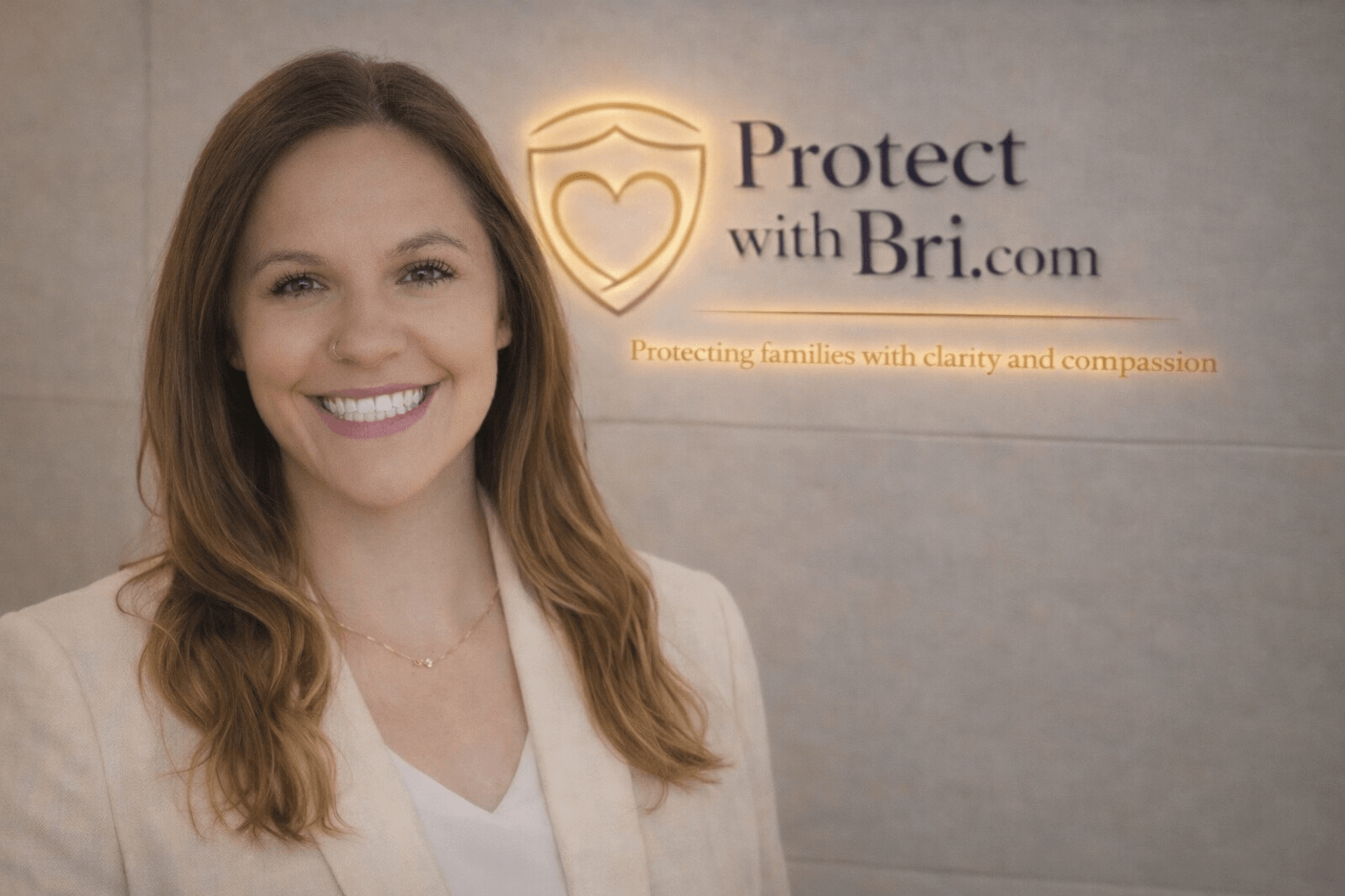Brianna Willis, Insurance Advisor, standing in front of the ProtectWithBri.com office logo